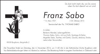 Traueranzeige von Franz Sabo von Pegnitz-Zeitung